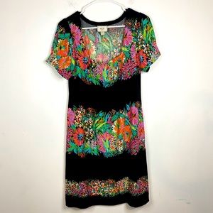 ECI Size 6 Black and Bright Colorful Floral Print Short Sleeve Pleated Dress